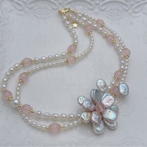 X584 Handmade Freshwater Baroque Pearl Rose Quartz Double Layer Necklace